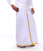 StylesIndia Cotton Dhoti for Men with Gold Zari Border | White Adjustable Dhoti with Pocket | Traditional Vesti Mundu for Festivals & Ceremonies